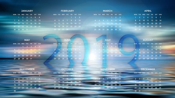 Обои на рабочий стол Календарь 2019 на фоне водной глади