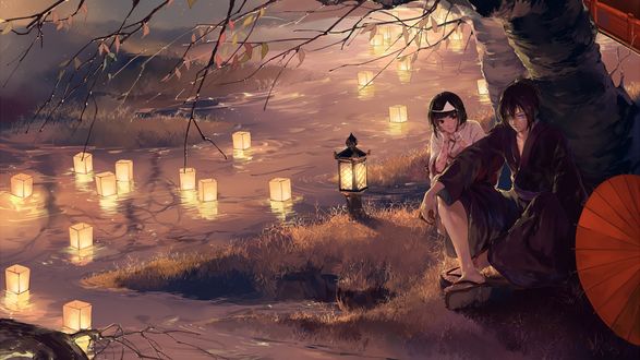 Обои на рабочий стол Yato / Ято и Nora сидят под деревом у реки мимо проплывают горящие фонарики из аниме Noragami / Бездомный бог