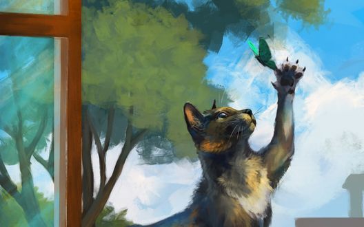 Обои на рабочий стол Кошка ловит бабочку, art by Kate Kazartseva