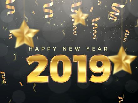Обои на рабочий стол Надпись Happy New Year / Счастливого нового года, 2019 на фоне звезд и серпантина