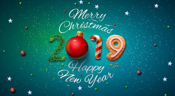 Обои на рабочий стол Цифры 2019 из шариков, сладостей и веточки ели (Merry Christmas / С Рождеством, Happy New year / С Новым годом)