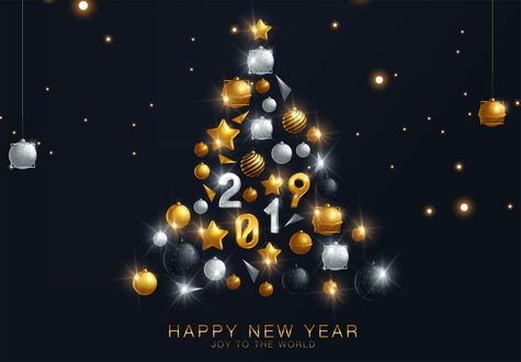 Обои на рабочий стол Цифры 2019 на абстрактной новогодней елке (Happy new year / С Новым годом, Joy to the world / Радость миру)