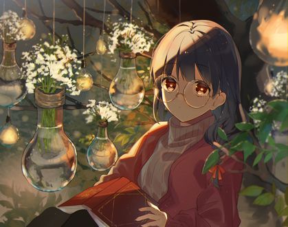 Обои на рабочий стол Девушка в очках сидит в оранжерее, by omutatsu