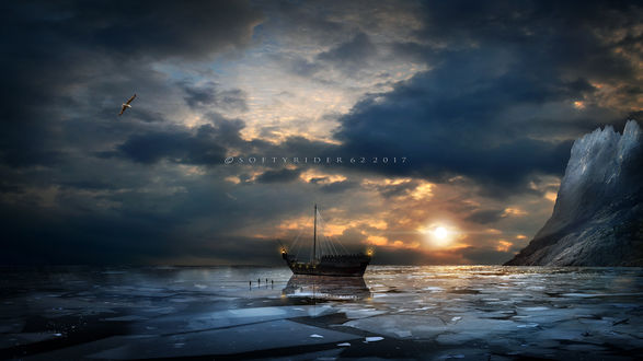 Обои на рабочий стол Корабль на воде на фоне облачного неба на закате, by Softyrider62
