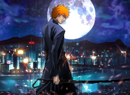 Обои на рабочий стол Kurosaki Ichigo / Куросаки Ичиго на фоне ночного города аниме Bleach / Блич