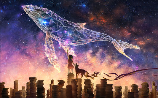 Обои на рабочий стол Девочка с собакой стоят на стопках книг и смотрят на созвездие кита на ночном небе, by Yuumei