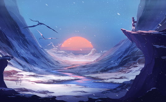 Обои на рабочий стол Мальчик стоит на краю обрыва у моря с закатом солнца, by Arsh