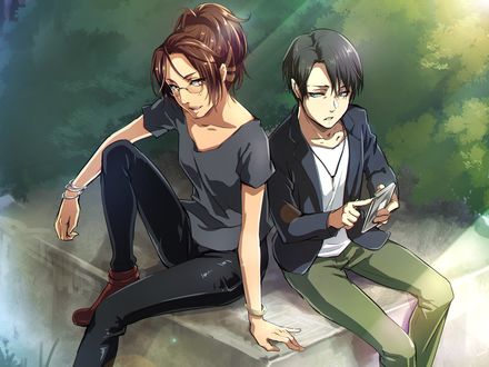 Обои на рабочий стол Levi Ackerman и Zoe Hanji на отдыхе из аниме Атака Титана / Attack on Titan / Shingeki no Kyojin