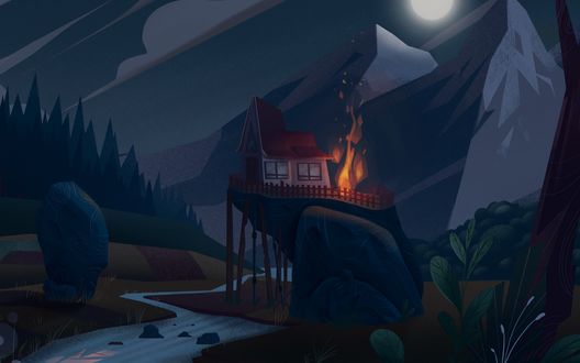 Обои на рабочий стол Домик на холме, вдоль которого протекает река, art by Ahmet Iltas