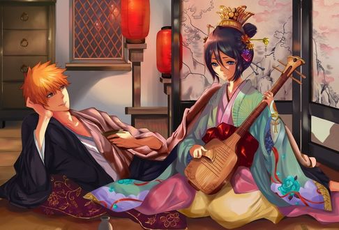 Обои на рабочий стол Kuchiki Rukia / Кучики Рукия и Kurosaki Ichigo / Куросаки Ичиго арт аниме Bleach / Блич