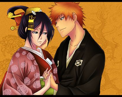 Обои на рабочий стол Kuchiki Rukia / Кучики Рукия и Kurosaki Ichigo / Куросаки Ичиго держатся за руки аниме Bleach / Блич