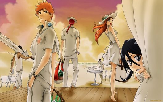 Обои на рабочий стол Kurosaki Ichigo / Куросаки Ичиго на пляже с друзьями аниме Bleach / Блич