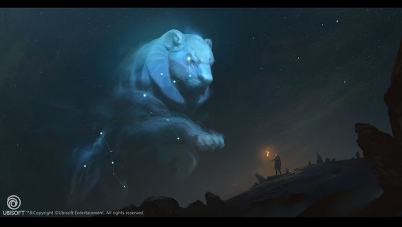 Обои на рабочий стол Воин с факелом смотрит на небесного льва, by Keyi Li