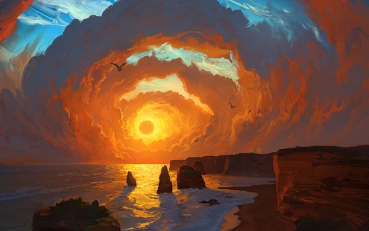 Обои на рабочий стол Закат на море, art by Artem Chebokha