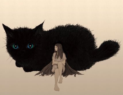 Обои на рабочий стол Девочка сидит рядом с большой черной кошкой, by kamimon