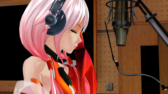 Обои на рабочий стол Обои Инори Юдзуриха / Inori Yuzuriha из аниме Корона Грешника / Guilty Crown в студии с микрофоном в наушниках записывает песню