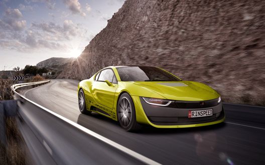 Обои на рабочий стол Желтый авто-концепт Etos на базе BMW i8 оттюнинг-ателье Rinspeed едет по серпантину