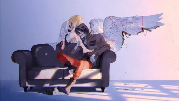 Обои на рабочий стол Рэйчел Гарднер / Rachel Gardner и Зак / Zack Foster с обожженными крыльями сидят на диване из аниме Angels of Death / Ангел Кровопролития / Satsuriku no Tenshi