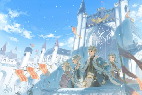 Обои на рабочий стол Принц Zen Wistaria с друзьями на балконе дворца из аниме Красноволосая Белоснежка / Akagami no Shirayuk-ihime