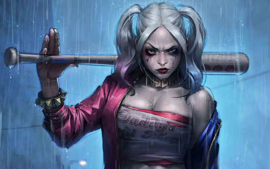 Обои на рабочий стол Harley Quinn / Харли Квин - персонаж из DC Comics, с битой под дождем, art by JeeHyung lee