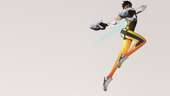 Обои на рабочий стол Арт Трейсер в полете на светлом фоне из игры Overwatch