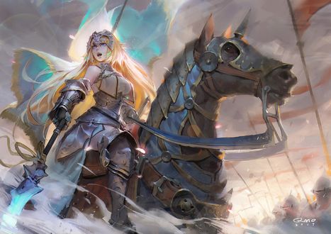 Обои на рабочий стол Jeanne dArc / Жанна дАрк / Jeanne Alter / Альтер-Жанна на боевом коне из игры Fate / Grand Order, by QMO