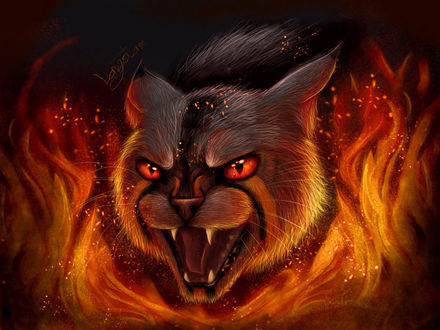 Обои на рабочий стол Рычащая кошка в огне, by Wolf-Revenant