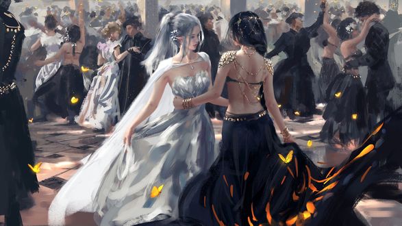 Обои на рабочий стол Танец блондинки - эльфийки и брюнетки с огненным платьем в окружении бабочек и других людей, art by WLOP