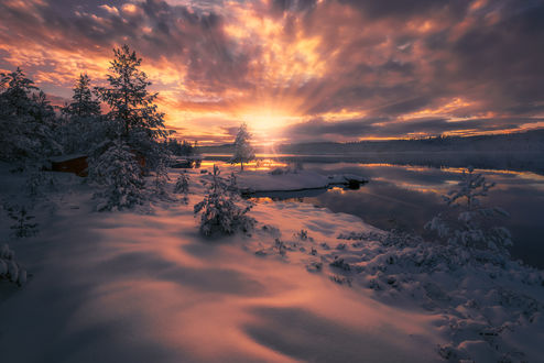 Обои на рабочий стол Закат на озере Ringerike, Norway / Рингерике, Норвегия, by Ole Henrik Skjelstad