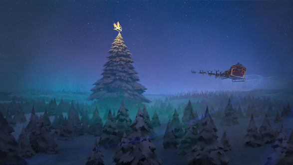 Обои на рабочий стол Санта-Клаус / Santa Claus летящий в санях, запряженной оленями, в ночном небе на фоне огромной новогодней ели с украшенной верхушкой, by Atomhawk Design