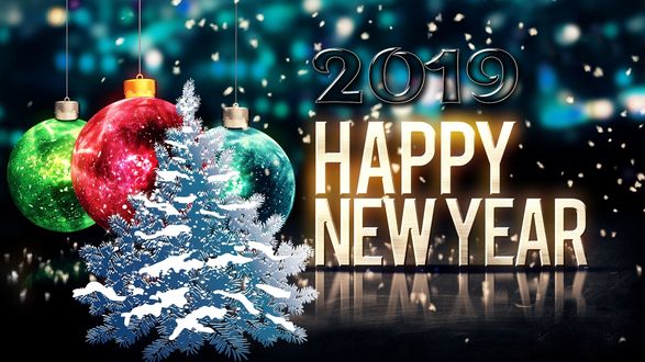 Обои на рабочий стол Праздничный фон с елкой и новогодними шарами, (2019 Happy New Year / cчастливого нового года)
