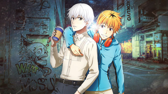 Обои на рабочий стол Kaneki Ken / Канеки Кен и Hideyoshi Nagachica / Хидееши Нагачика на ночной улице арт аниме Tokyo Ghoul Токийский Гуль