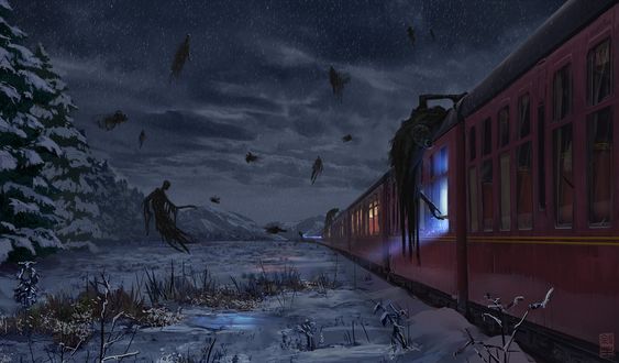 Обои на рабочий стол Дементоры нападают на Хогвартс-экспресс из серии книг про Гарри Поттера, art by Josh Hutchinson