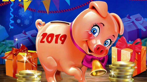 Обои на рабочий стол Символ нового 2019 года хрюшка среди подарков