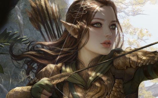 Обои на рабочий стол Эльфийка Arwen стоит с луком в лесу, by Ina Wong