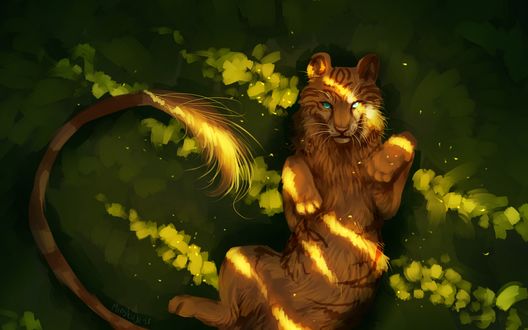 Обои на рабочий стол Лев лежит на траве, art by Minea Juntura