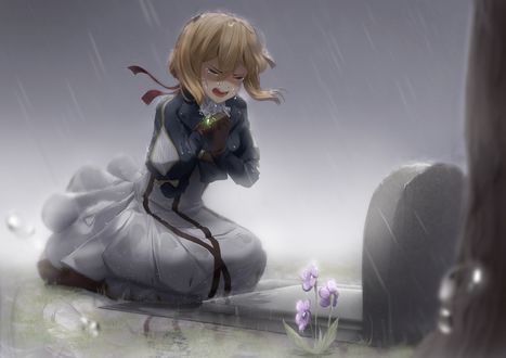 Обои Плачущая Violet Evergarden / Вайолет Эвергардэн сидит на коленях на могиле под дождем из аниме Violet Evergarden