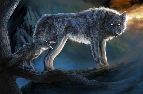 Обои на рабочий стол Волк стоит рядом с вороном, by WolfRoad