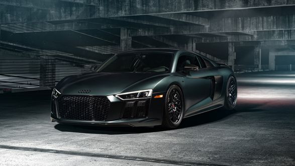 Обои на рабочий стол Сине-зеленый Audi R8 на стоянке