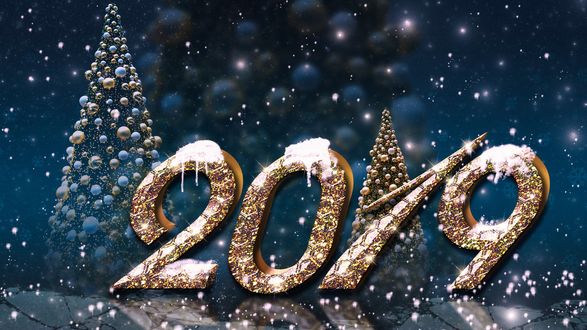 Обои на рабочий стол Цифры 2019 на фоне наряженных новогодних елок под падающим снегом, автор IgnisFatuusII - Tatyana Haustova