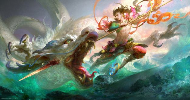 Обои на рабочий стол Юноша копьем проткнул белого дракона, by Huang Guangjian