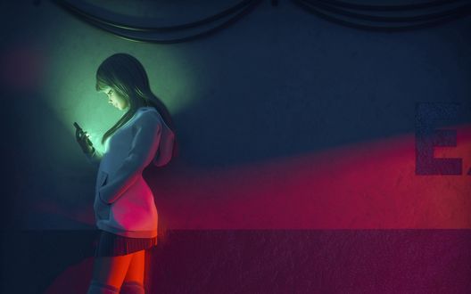 Обои на рабочий стол Девушка стоит у стены с мобильным телефоном, art by Rohan Dalvi