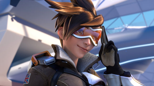 Обои на рабочий стол Трейсер из игры Overwatch отдает честь