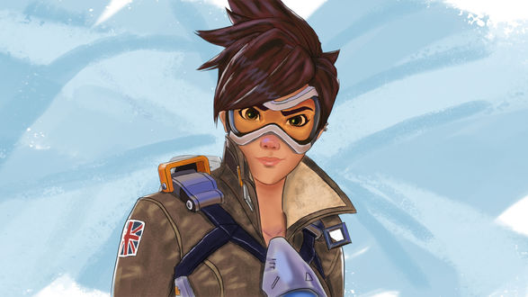 Обои на рабочий стол Трейсер из игры Overwatch на голубом фоне