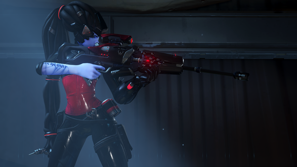 Обои на рабочий стол Роковая Вдова из игры Overwatch целится из снайперской винтовки