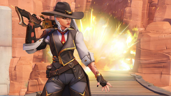 Обои на рабочий стол Героиня Overwatch Ashe / Эш, держа на плече ружье, оглядывается на фоне взрыва, by Renaud Galand