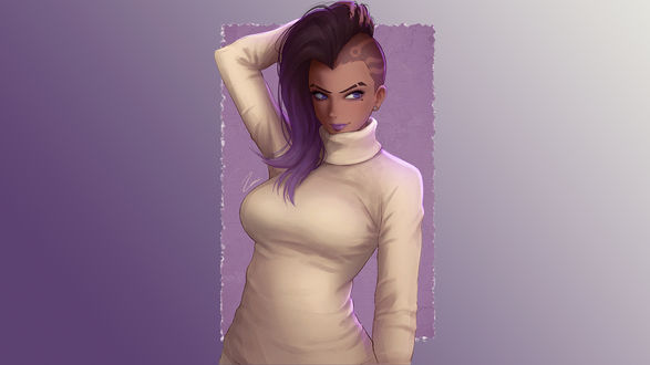 Обои на рабочий стол Арт на Сомбру из игры Overwatch в бежевом свитере, держащей руку в волосах