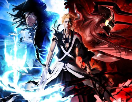 Обои на рабочий стол Ichigo Kurosaki / Ичиго Куросаки с двумя мечами (истинная форма). Два меча символ двух составляющих его силы. Силы квинси и силы пустого. Арт по аниме Bleach / Блич