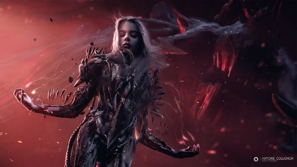 Обои на рабочий стол Девушка превращается в демона, арт к игре Diablo III: Reaper of Souls / Diablo III:Жнец душ, by Antoine Collignon