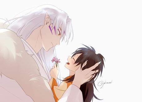Обои на рабочий стол Демон Sesshomaru / Сесшомару и Rin на белом фоне, из аниме InuYasha / Инуяша